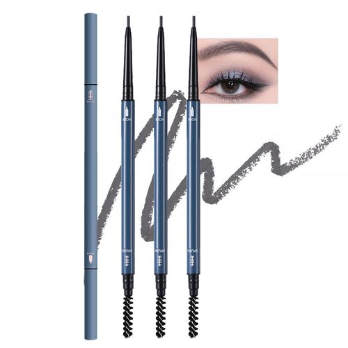 3Pcs Gray Waterproof Eyebrow Pencil,Ultra-Fine Mechanical Pencil with Spoolie Brush,Eyebrow Pencil Easy to Color,Draws Tiny Brow Hairs and Fills in Sparse Areas,Create Natural Eye Brow