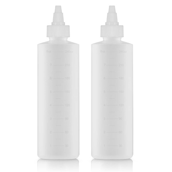 Applicator Bottle for Hair - 2-Pack, 8.5 Ounce, Translucent, Adjustable Nozzle, Open/Close Feature, Squeeze Design with Measuring Scale - Ideal for Scalp, Hair Color, Roots, Hair Oil Application