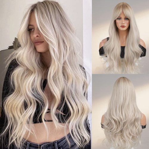 Kellynee Ombre Brown to Light Blonde Wig with Bangs - Long Big Wavy Brown Wigs for Women, Dark Roots, Natural Realistic Hair, Best Synthetic Heat Resistant Wigs for Daily/Halloween/Party/Cosplay