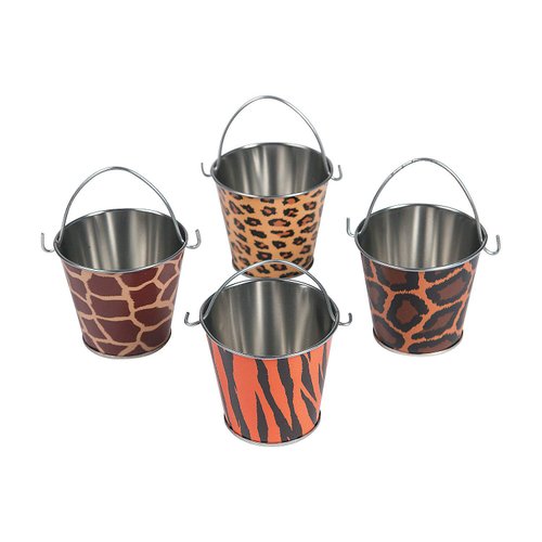 Fun Express Animal Print Safari Tin Pails (Set of 12) Party Supplies and Treat Favor Containers - VBS Vacation Bible School Supplies/Decor