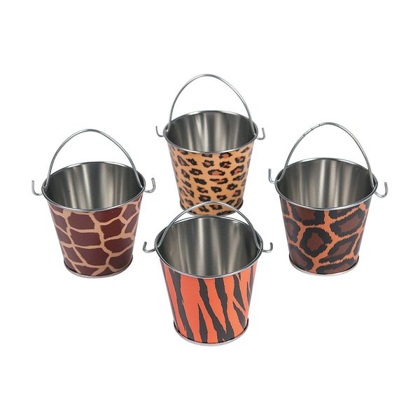 Fun Express Animal Print Safari Tin Pails (Set of 12) Party Supplies and Treat Favor Containers - VBS Vacation Bible School Supplies/Decor