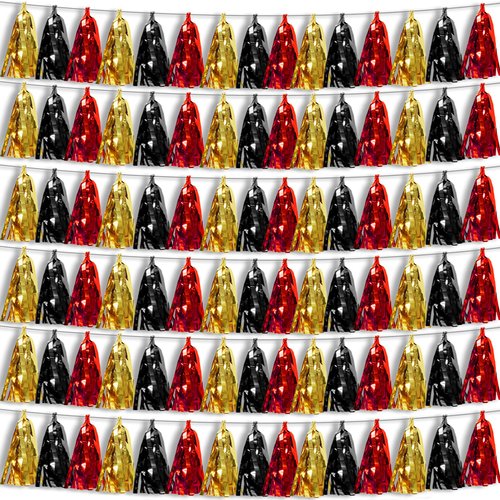 6P Black-Red Gold Foil Fringe Metallic Tassel Garland, Tassels Banner Streamers for Parade Floats, Bachelorette, Wedding, Birthday, Halloween, Christmas, Bridal/Baby Shower Party Decorations
