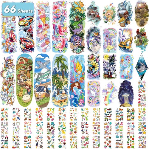 EMOME Full Half Tattoo Sleeves for Kids, 66 Sheets Kids Tattoos Temporary for Girls Boys, Space Donut Mermaid Themed Fake Tattoos Stickers for Kids Party Favors Supplies