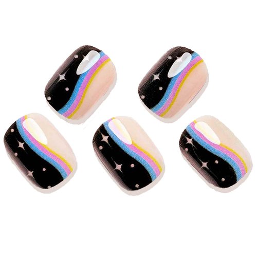 GLAMERMAID Press on Nails Extra Short Squoval, Spring Summer Black and Pink Glue on Gel Nails with Stars Rainbow Design, 24Pcs Round Reusable Fake Nails Acrylic False Nail Manicure Kits for Women Gift