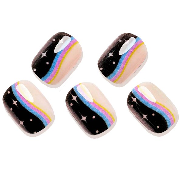 GLAMERMAID Press on Nails Extra Short Squoval, Spring Summer Black and Pink Glue on Gel Nails with Stars Rainbow Design, 24Pcs Round Reusable Fake Nails Acrylic False Nail Manicure Kits for Women Gift