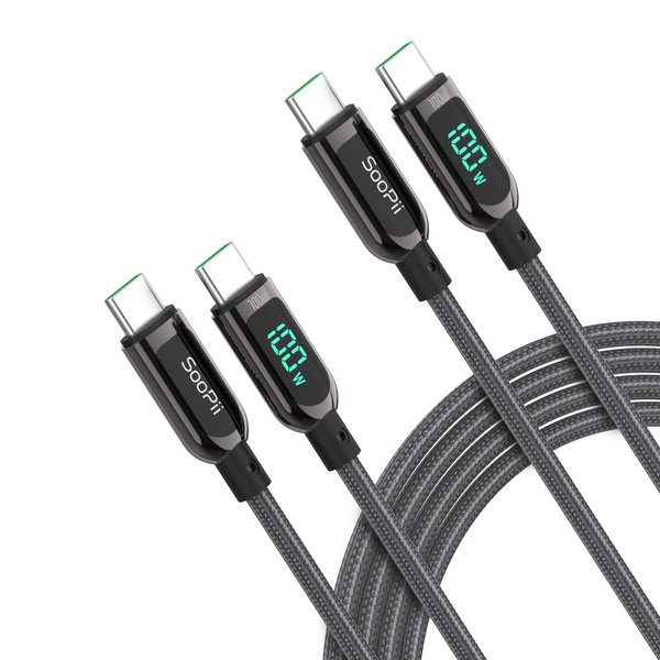 SOOPII 100W USB C to USB C Cable,[4ft,2-Pack],Nylon Braided Fast Charging Cable with LED Display for lPhone 15/15 Pro/15 Plus,lPad Air,MacBook Pro, Galaxy S24/S23(Grey)