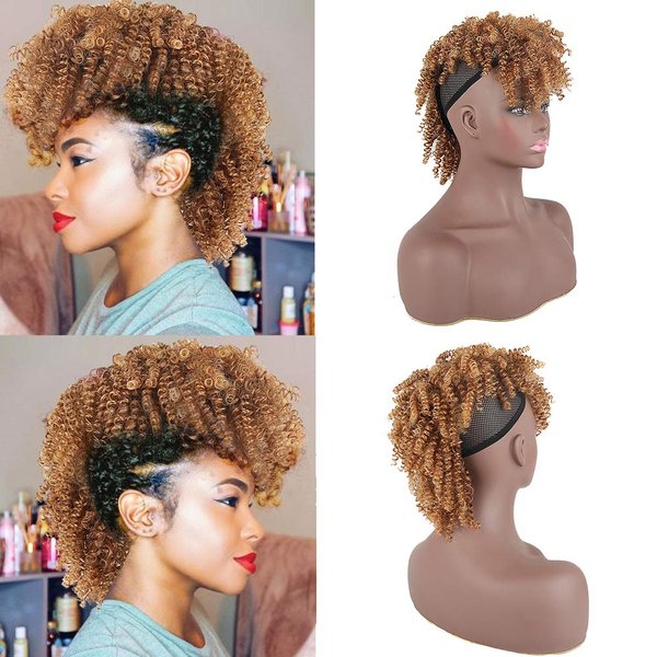 Aisaide High Puff Afro Ponytail Drawstring,Short Curly Ponytail Extension,Mohawk Kinky Synthetic Hair Bun with Bangs,Wrap Updo Clip in Hair Extensions with Six Clips and Two Comb(4/630)