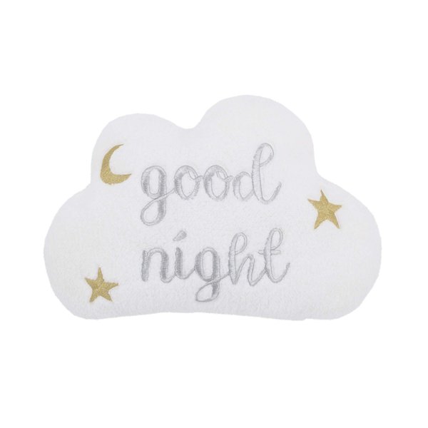 NoJo White Cloud with Gold & Silver Embroidery "Good Night" Decorative Pillow with Moon & Stars, White, Silver, Gold (2609723P)