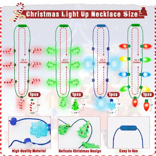 Blowata 12 PCS Christmas Party Favors, Light Up Christmas Necklace Headband Glasses Set, Candy Cane Snowflake Tree Bulb Necklace LED Headband Flashing Eyeglasses for Xmas Gifts, Christmas Accessories