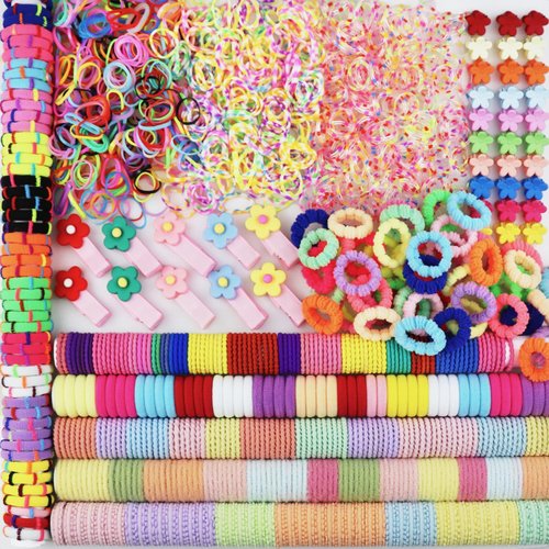 1680Pcs Little Girls Hair Accessory Hair Elastic Ties Cotton Seamless Multicolor Hair Rubber Bands Mini Flower Hair Clips Claws and Hair Tools Assorted Ponytail Holders for Baby Toddler Kids