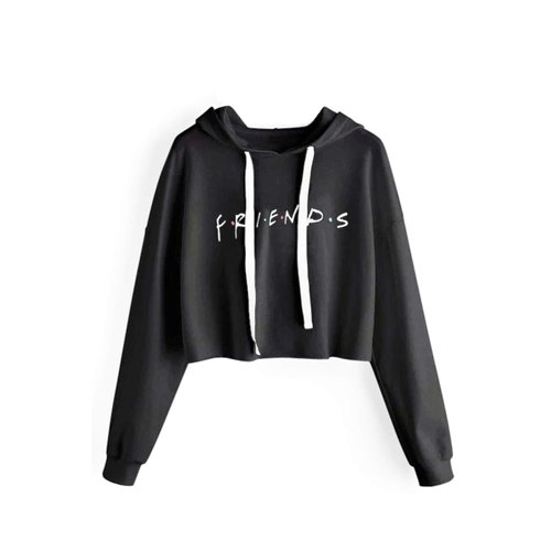 Idepet Women's Casual Letters Print Crop Top Loose Pullover Friends Shirt Teen Girl TV Show Hoodie Sweatshirt(Black,Small)