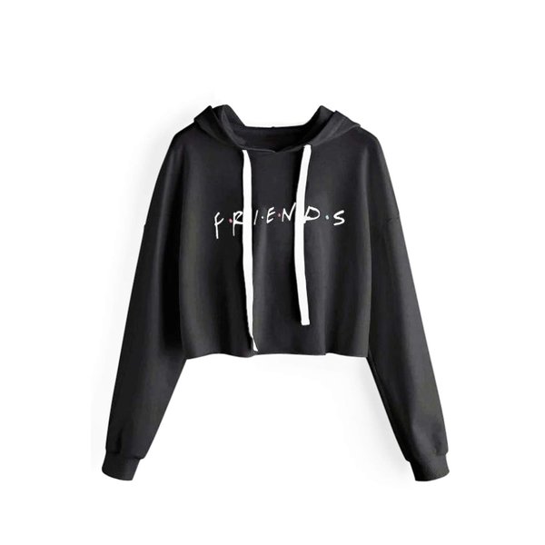 Idepet Women's Casual Letters Print Crop Top Loose Pullover Friends Shirt Teen Girl TV Show Hoodie Sweatshirt(Black,Small)
