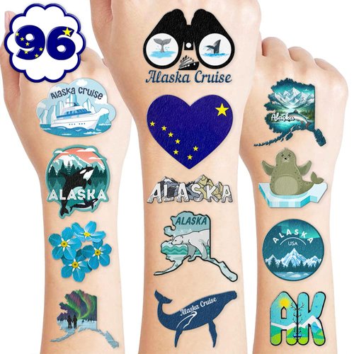 100 PCS Alaska Cruise Birthday Party Decorations Favors Temporary Tattoos Decor Adventure Await Alaska Flag Alaskan Cruise Car Ship Lion Seal Reindeer Stickers For Boy Girl Gift School Prizes Rewards