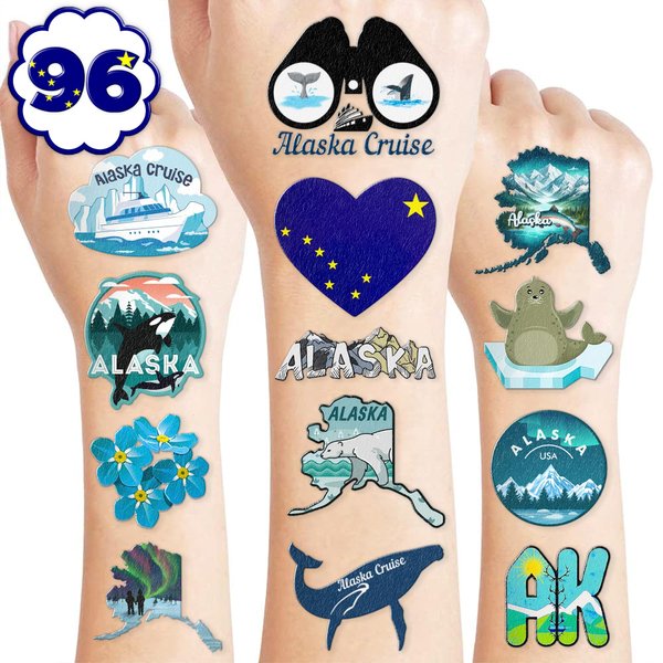 100 PCS Alaska Cruise Birthday Party Decorations Favors Temporary Tattoos Decor Adventure Await Alaska Flag Alaskan Cruise Car Ship Lion Seal Reindeer Stickers For Boy Girl Gift School Prizes Rewards
