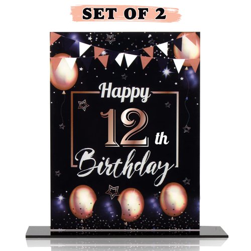 LINGTEER Birthday Decorations Balloon Stand Acrylic Table Centerpieces,Happy 12th Birthday Printed Poster Centerpieces Backdrop Party Decorations. - Black Set of 2