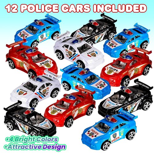 ArtCreativity Pullback Mini Police Toy Cars for Kids, Set of 12, Pull Back Racers in Assorted Colors, Police Birthday Party Favors for Boys Girls, Goodie Bag Fillers, Small Game Prizes