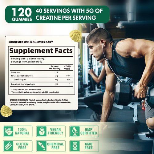 DANEW PRO Creatine Monohydrate Gummies 5000mg for Men & Women, Creatine Monohydrate for Muscle Strength, Muscle Builder, Energy Boost, Pre-Workout Supplement(120 Count)-Pineapple Flavor