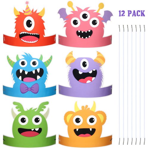 Aoriher 12 Pcs Monster Paper Hats Party Headbands Monster Themed Birthday Party Supplies Baby Sho...