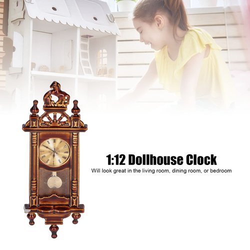 Kudoo Dollhouse Miniature 1:12 Scale Wall Clock, Wooden Vintage Dollhouse Clock Dollhouse Furniture Accessories