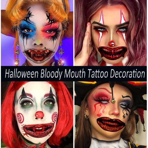 UCCASA 10 Sheets Halloween Clown Mouth Temporary Tattoos, 3D Realistic Horror Mouth Fake Tattoos stickers, Face lip Makeup Props Tattoo Waterproof Stickers for Women Man kids Cosplay party Decorations