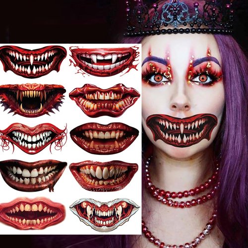 CMJSGG 10 PCS Halloween Scary Mouth Temporary Tattoos Zombie Mouth Tattoo Stickers Clown Horror Mouth Face Tattoos Prank Makeup Decals for Halloween Cosplay DIY Decoration Party Supplies, Red