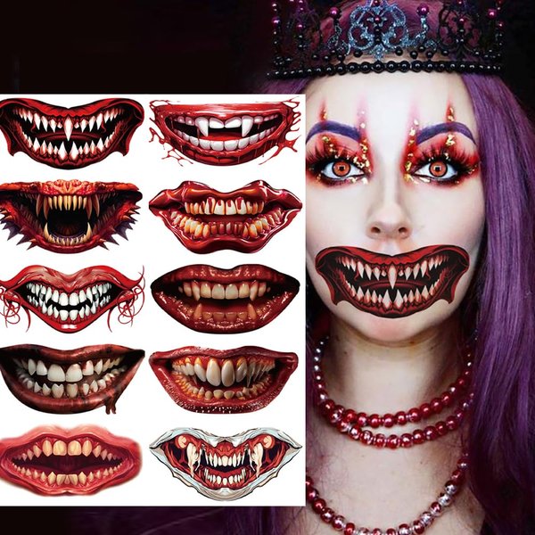 CMJSGG 10 PCS Halloween Scary Mouth Temporary Tattoos Zombie Mouth Tattoo Stickers Clown Horror Mouth Face Tattoos Prank Makeup Decals for Halloween Cosplay DIY Decoration Party Supplies, Red