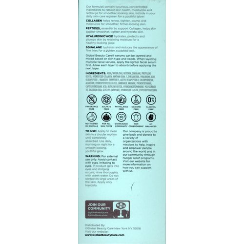 Global Beauty Care Smooth & Lift Collagen Facial Serum with Peptides, Hyaluronic Acid & Squalane 1fl oz 30ml