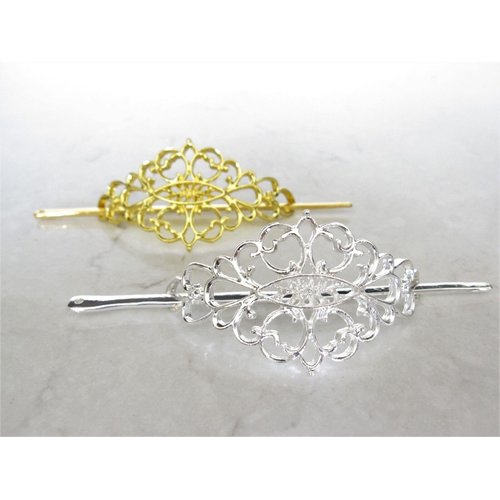 Generic Small gold or silver filigree metal hair slide stick clip barrette (Primary color: Gold), 1 Count (Pack of 1)