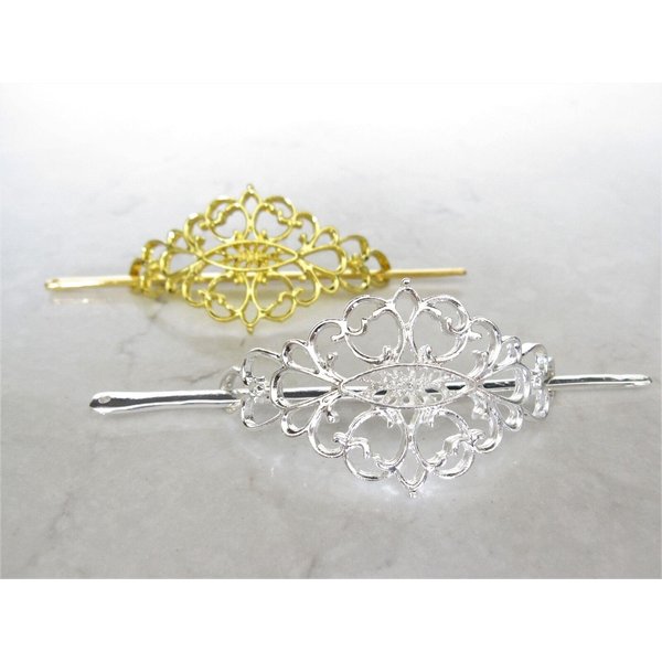 Generic Small gold or silver filigree metal hair slide stick clip barrette (Primary color: Gold), 1 Count (Pack of 1)
