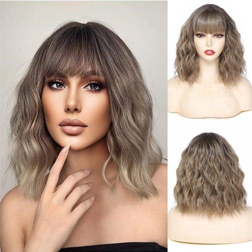 VOLLIUKE Short Brown mix Blonde Bob Wavy Wig with Bangs for Women Shoulder Length Women's Charming Synthetic Wigs with Natural Wavy Brown mix Blonde Heat Resistant Fiber Wig for Daily Party Use