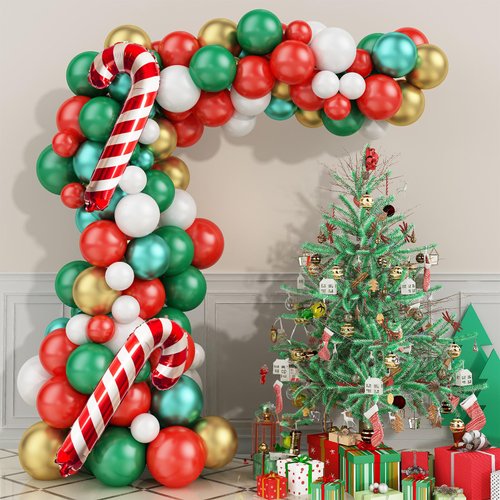 Christmas Balloon Garland Arch Kit, Xmas Balloon Decorations with Red Candy Elf Foil Balloons, Metallic Green Red Gold White Balloons for New Year Kids Birthday Baby Shower Party
