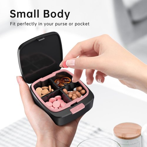 KOVIUU Daily Pill Box 4 Times a Day, Small Pill Case, Travel Pill Organizer, 4 Compartments Compact Portable Pill Container Holder for Vitamin, Medicine, Supplement, Fish Oil, Pink