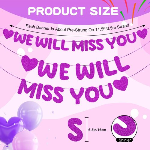 WLPHHM We Will Miss You Banner Glitter Bunting for Graduation Retirement Party Decorations，Graduation Party Going Away Party Office Work Party Farewell Party Decorations Supplies(Purple)