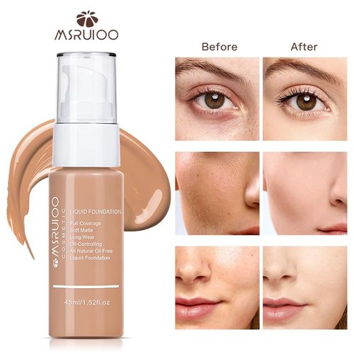 MSRUIOO Liquid Foundation, Matte Finish, Weightless Full Coverage, Oil-Free, Non-Comedogenic, 1.52 fl oz (M007, 1pc)