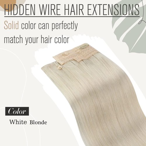 Sunny Wire Human Hair Extensions 100g Platinum Blonde Human Hair Wire Extensions Blonde Fishing Line Hair Extensions Real Human Hair Straight Wire Hair Extensions for Long Hair 20inch