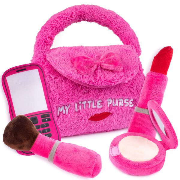 Talking Plush Pocketbook | Pretend Purse for Girls | Toddler Play Purse | Plush Purse With 4 Plush Talking Play Pretend Handbag Accessories | A Makeup Brush, Red Lipstick, Compact Mirror, & Cell Phone