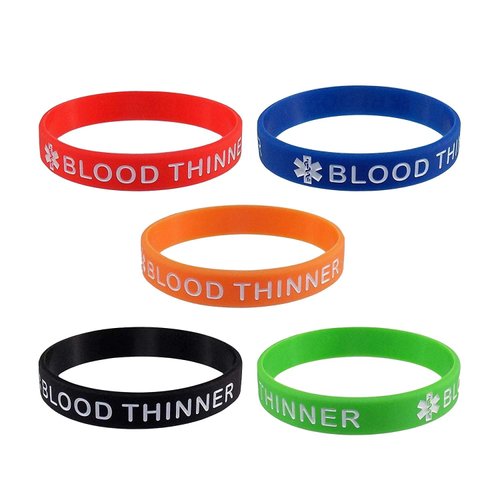 Lyndong 5 Pack BLOOD THINNER Silicone Medical Alert Emergency Bracelet Wristbands (BLOOD THINNER)
