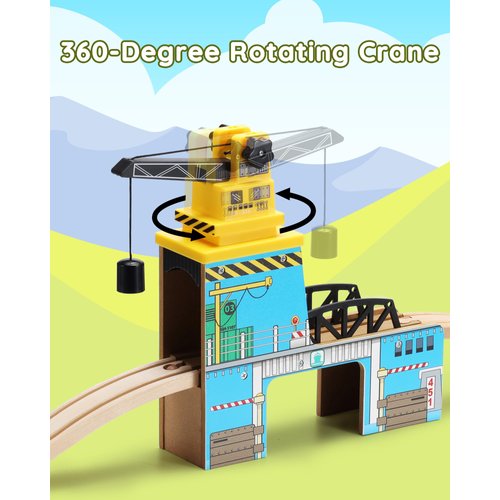 SainSmart Jr. Wooden Train Set Accessories, Magnetic Rotary Crane Set with Track for Kids Compatible with Thomas, Brio, Chuggington, Melissa and Doug