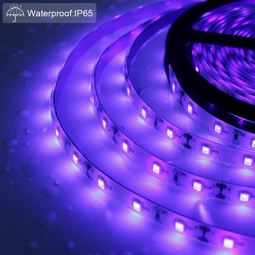 LED UV Black Light Strip Kit, Ultraviolet Waterproof IP65 16.4FT/5M 3528 300LEDs, 395nm-405nm Blacklight for DJ Bar Club Party Decor Night Fishing with 12V Power Supply