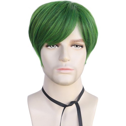 HUNIGIR Mens Green Wig Short Straight Wig Green Boys Anime Wig Heat Resistant Synthetic Halloween Cosplay Wig (Green)