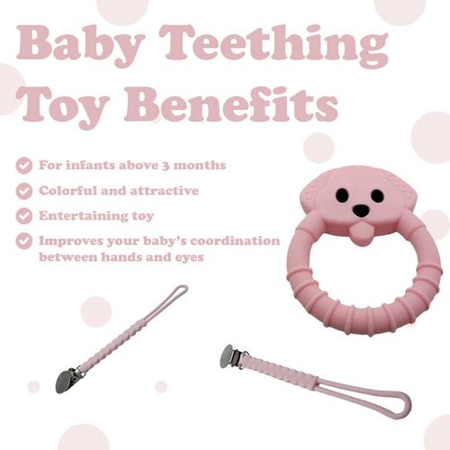 Baby Teething Toy Set - Includes Pink Pacifier Clip & Bear Teether - Silicone Chew Toys for Infants Newborns - BPA Free Freezer Safe