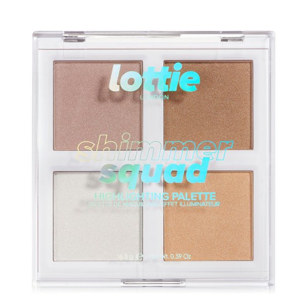 Lottie London Shimmer Squad in Glowburst, 4 shade compact highlighting palette with illuminating and strobing shades to add an instant luminous glow