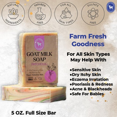 Honey Sweetie Acres Patchouli Goat Milk Soap Handcrafted 5 oz Bar with Real Patchouli Oil - Luxurious Moisturizing Soap for All Skin Types - Eco-Conscious, Made in the USA