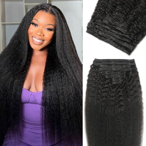 Kinky Straight Clip in Hair Extensions Real Human Hair 8Pcs 120g Kinky Clip Ins Full Head Brazilian Remy Hair Extensions for Women Natural Black Double Weft Hair Extensions Clip Ins 20 Inch