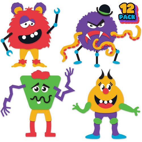 ArtCreativity DIY Halloween Foam Monster Craft Kit - 12 Sets - Mess-Free Halloween Craft Kits - Classroom and Halloween Party Activity for Kids