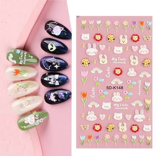 5D Embossed Cartoon Nail Art Stickers Decals, 3D Self-Adhesive Nail Art Suppies for Women Girls Kids