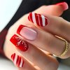 Christmas Press On Nails Medium Square, 24Pcs Christmas Fake Nails Red French Tips Stiped White Snowflake Designs Stick On Nails for Women Girls Christmas Nail Accessories