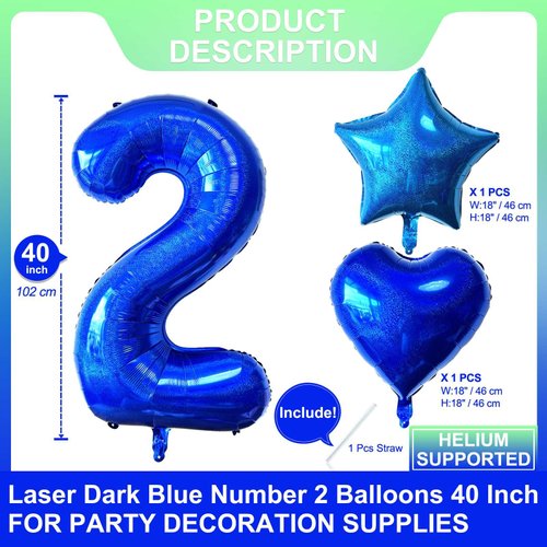 Blue Number 2 Balloons 40 Inch Giant Laser Navy Blue 2 Helium Balloons for Boys 2st Birthday Party Supplies 2st Anniversary Events Decorations