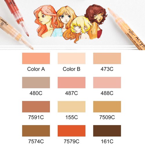 NAWOD Skin Tones Art Markers, Acrylic Paint Pens Set of 12 Skin Colors Paint Markers for Rocks Canvas Tiles Glass Ceramic Wood Sketch Portrait Manga Drawing Illustration Sketching, Extra Fine Tip