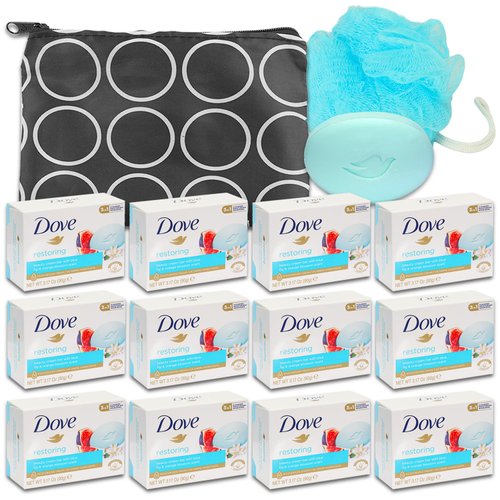 Dove Bar Soap Pack - Dove Bar Soap 12 Pack Bundle with Fig and Orange Blossom 3.5 Oz Clean Restoring Soap Bars Pack with Bonus Travel Bag and Loofah | Dove Body Wash for Women